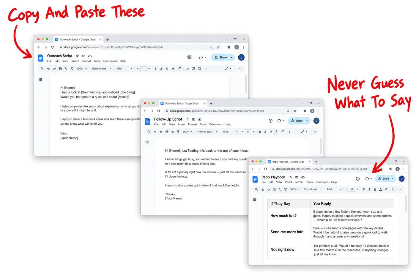 The outreach script, the follow-up script and the reply playbook