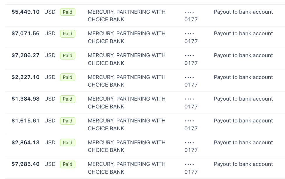 Bank account statement showing payout deposits