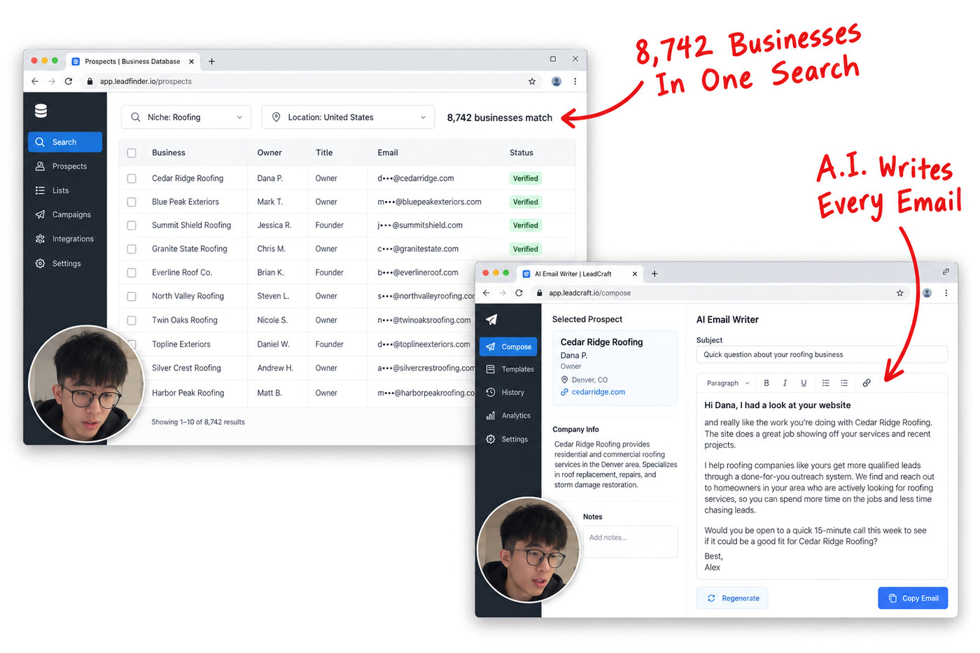 A database of 8,742 roofing businesses with owner names and emails, and the A.I. writing an email to one of them