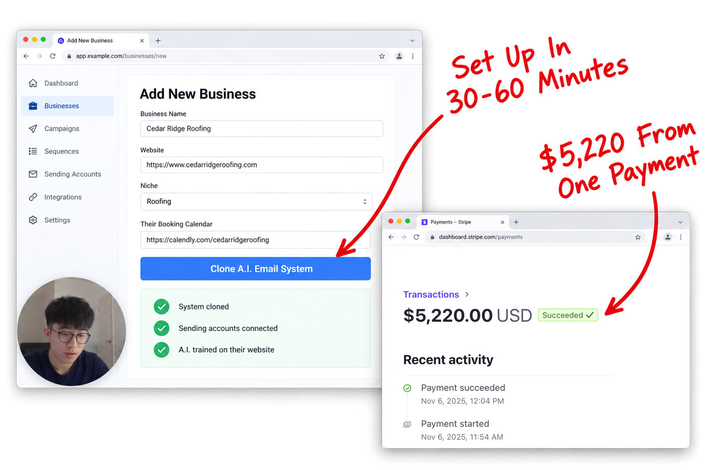 Adding a new business and cloning the A.I. email system for it, next to a real $5,220.00 payment
