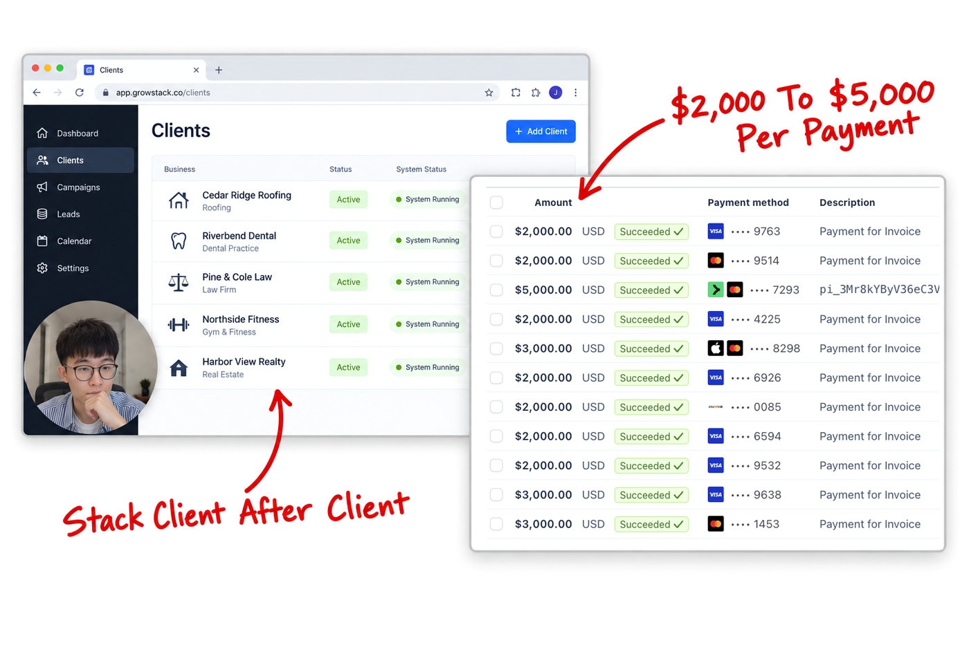 A list of active clients next to a list of real client payments of $2,000, $3,000 and $5,000